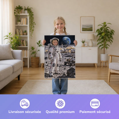 Auf der Mondbasis – Mädchen hält das gedruckte Poster