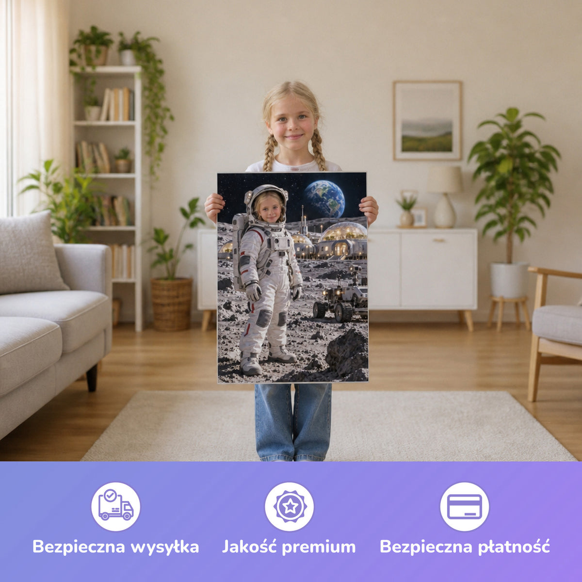 Auf der Mondbasis – Mädchen hält das gedruckte Poster