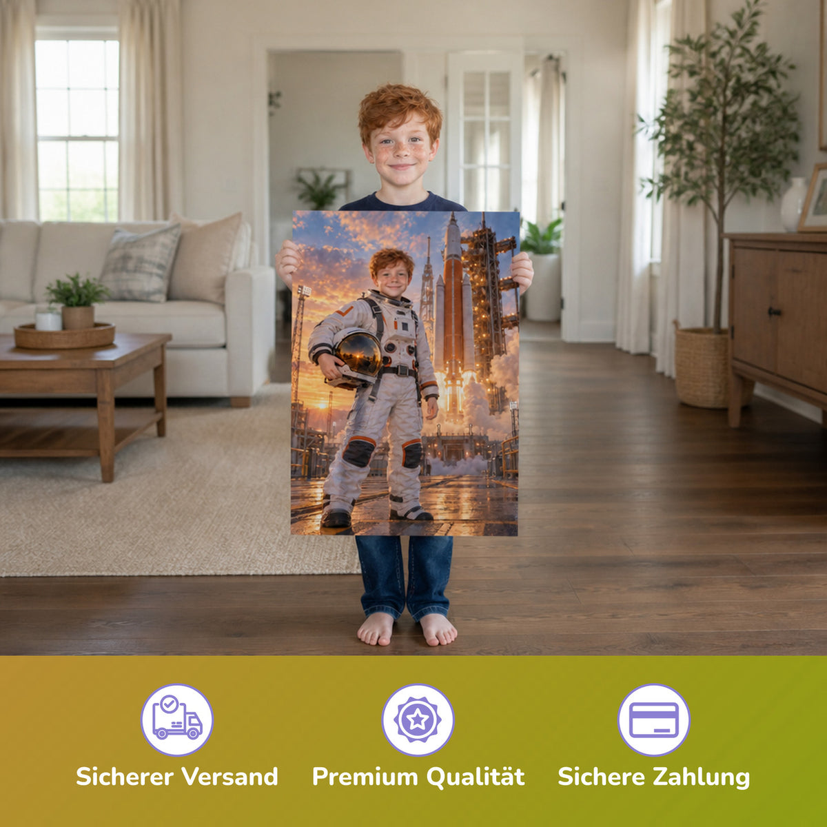 Vor dem Raketenstart – Junge hält das gedruckte Poster