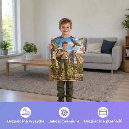 Vor Chichén Itzá – Junge hält das gedruckte Poster