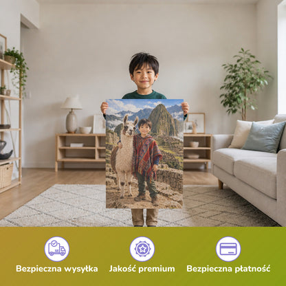 In Machu Picchu – Junge hält das gedruckte Poster