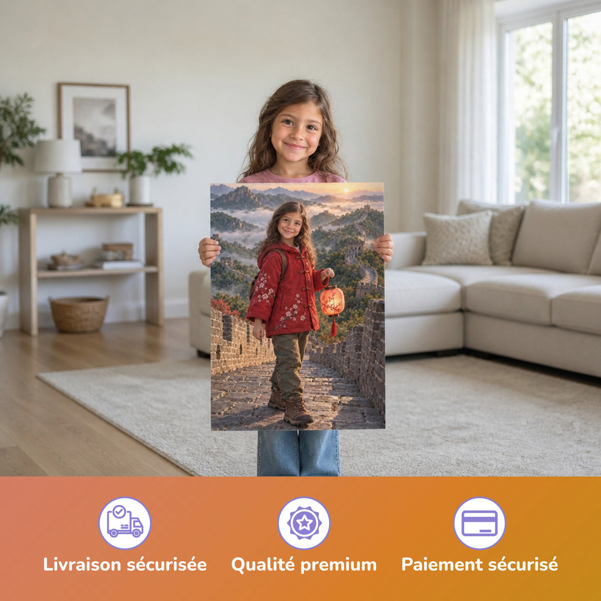 Auf der Chinesischen Mauer – Mädchen hält das gedruckte Poster