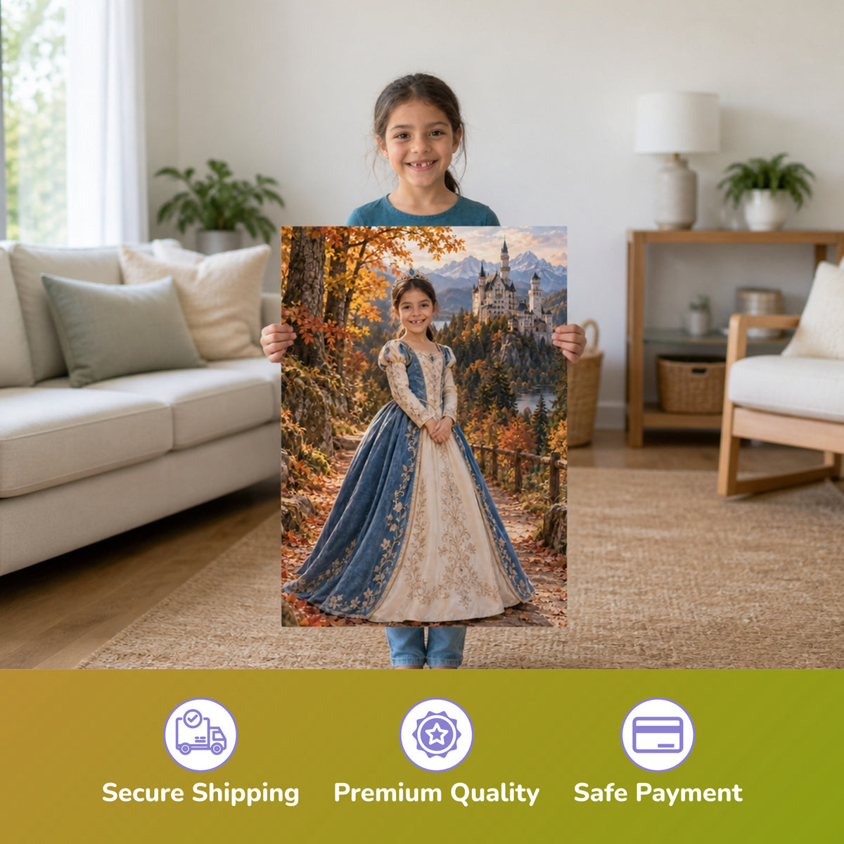 Princess in front of Neuschwanstein Castle – girl holding the printed poster