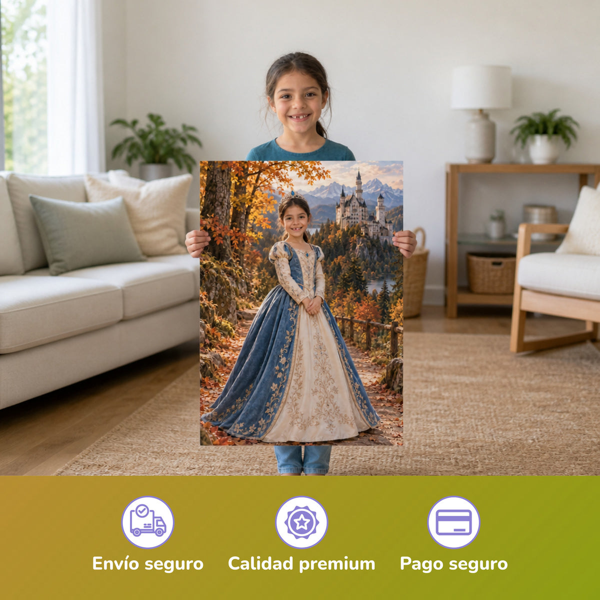 Princesa frente a Neuschwanstein – niña con el póster impreso