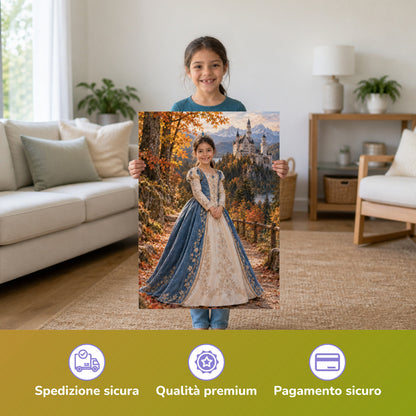 Prinzessin vor Neuschwanstein – Mädchen hält das gedruckte Poster