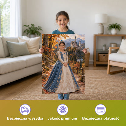 Prinzessin vor Neuschwanstein – Mädchen hält das gedruckte Poster