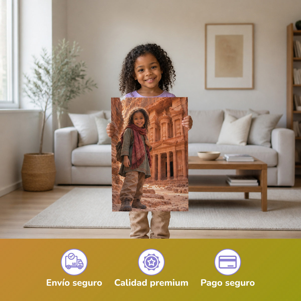 Frente al Tesoro de Petra – niña con el póster impreso