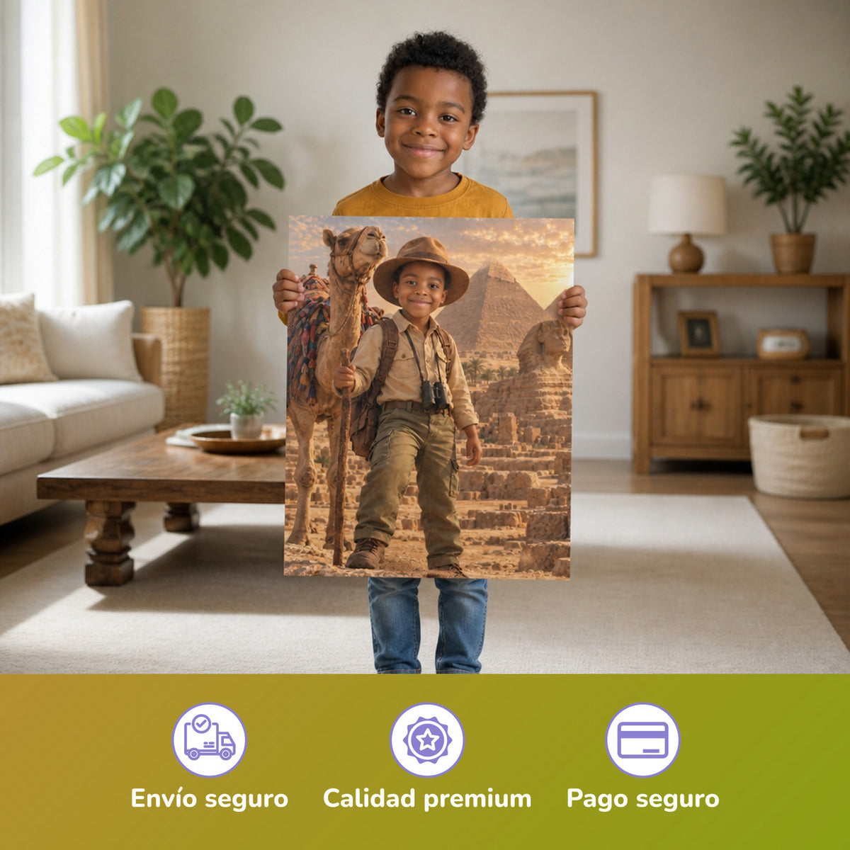 Vor den Pyramiden von Gizeh – Junge hält das gedruckte Poster