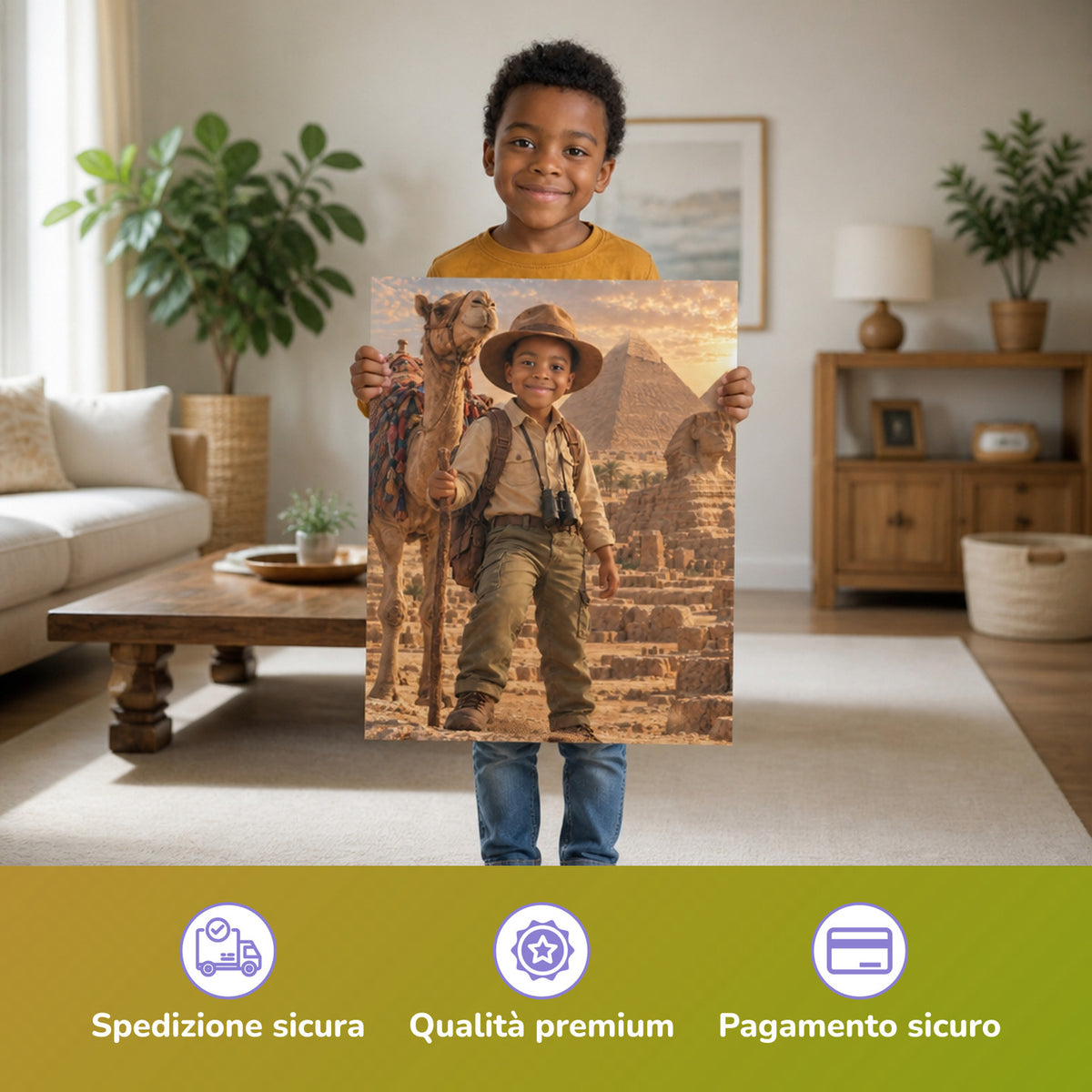 Vor den Pyramiden von Gizeh – Junge hält das gedruckte Poster