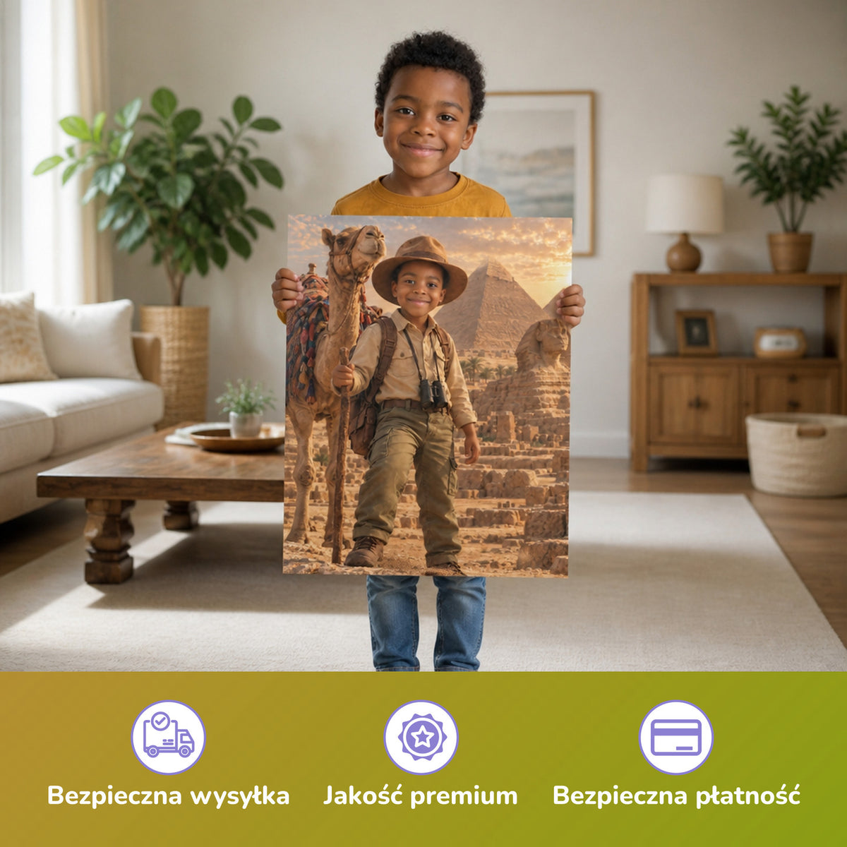 Vor den Pyramiden von Gizeh – Junge hält das gedruckte Poster