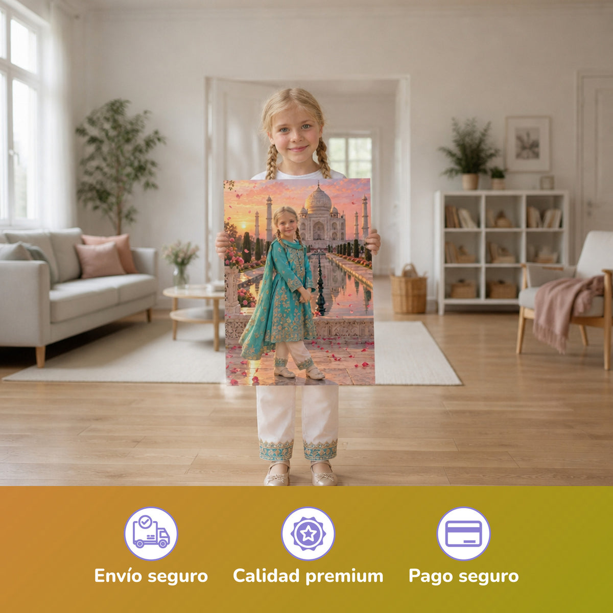 En el Taj Mahal – niña con el póster impreso