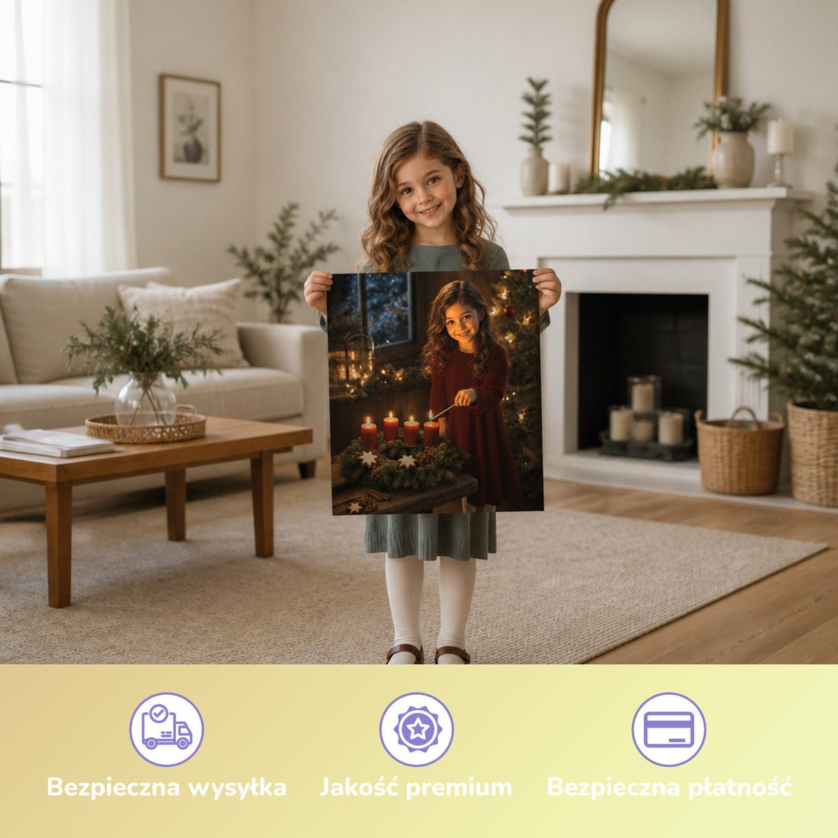 Der Adventskranz – Mädchen hält das gedruckte Poster