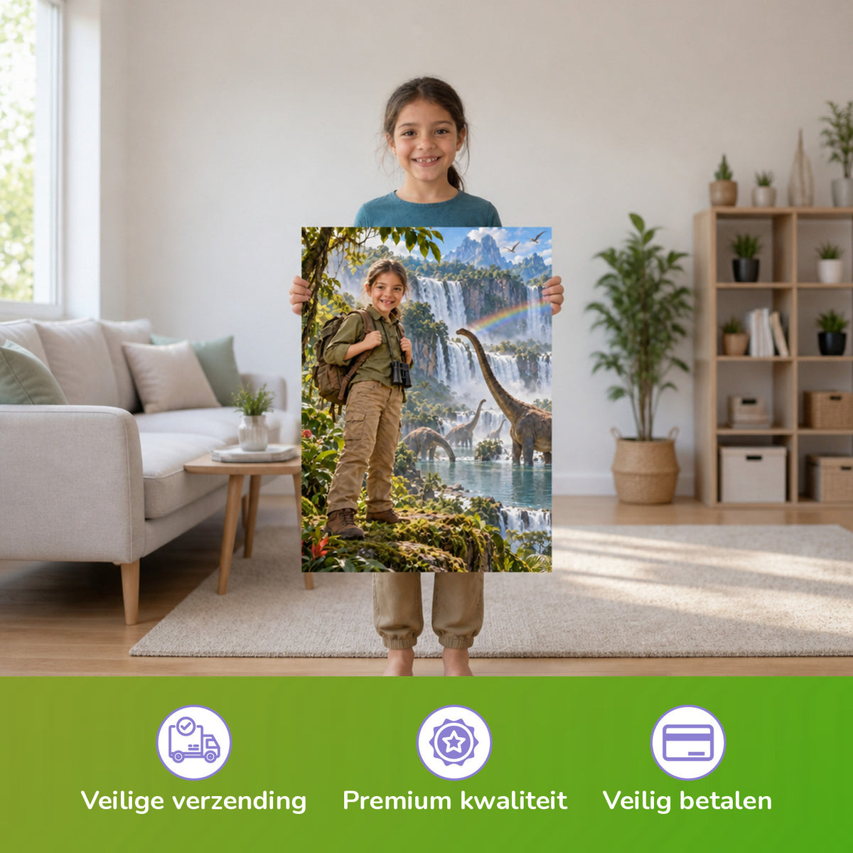 Am Dino-Wasserfall — Kind houdt de gedrukte poster vast