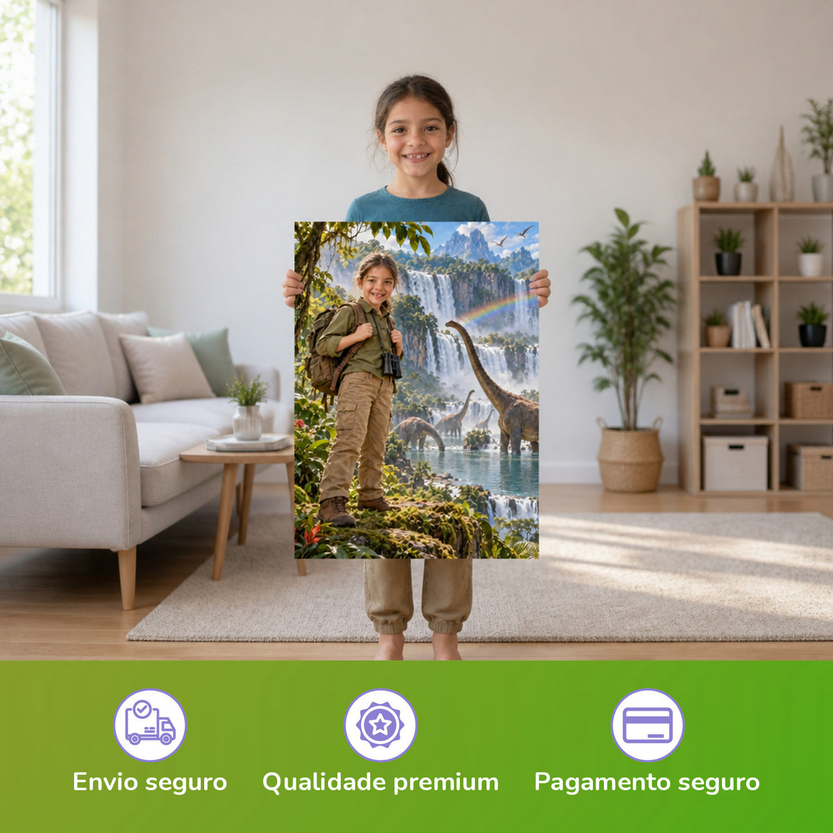 Am Dino-Wasserfall – Mädchen hält das gedruckte Poster