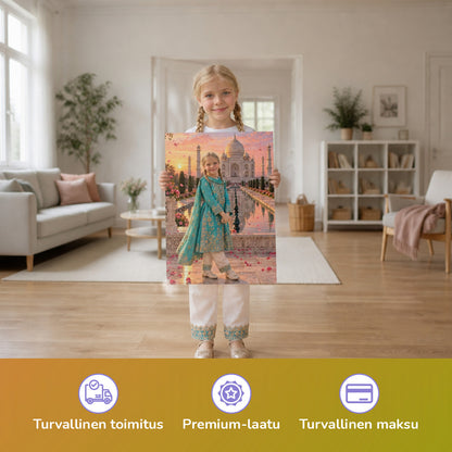 Am Taj Mahal – Mädchen hält das gedruckte Poster