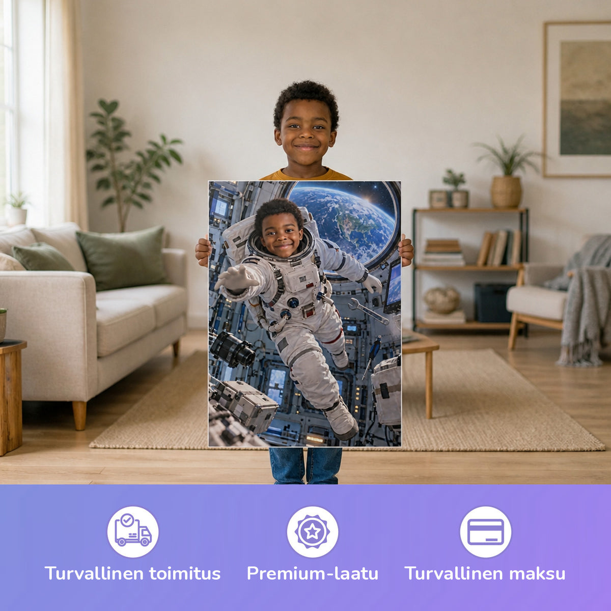 Astronaut in der Raumstation — Lapsi pitelee painettua julistetta