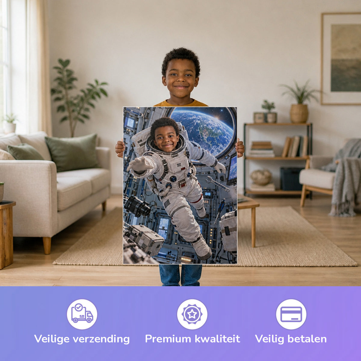 Astronaut in der Raumstation — Kind houdt de gedrukte poster vast