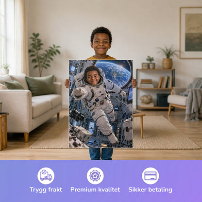 Astronaut in der Raumstation – Junge hält das gedruckte Poster