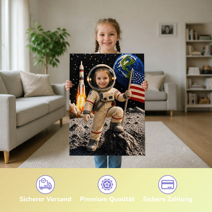 Astronaut auf dem Mond | Special-Edition "Baustein" – Mädchen hält das gedruckte Poster
