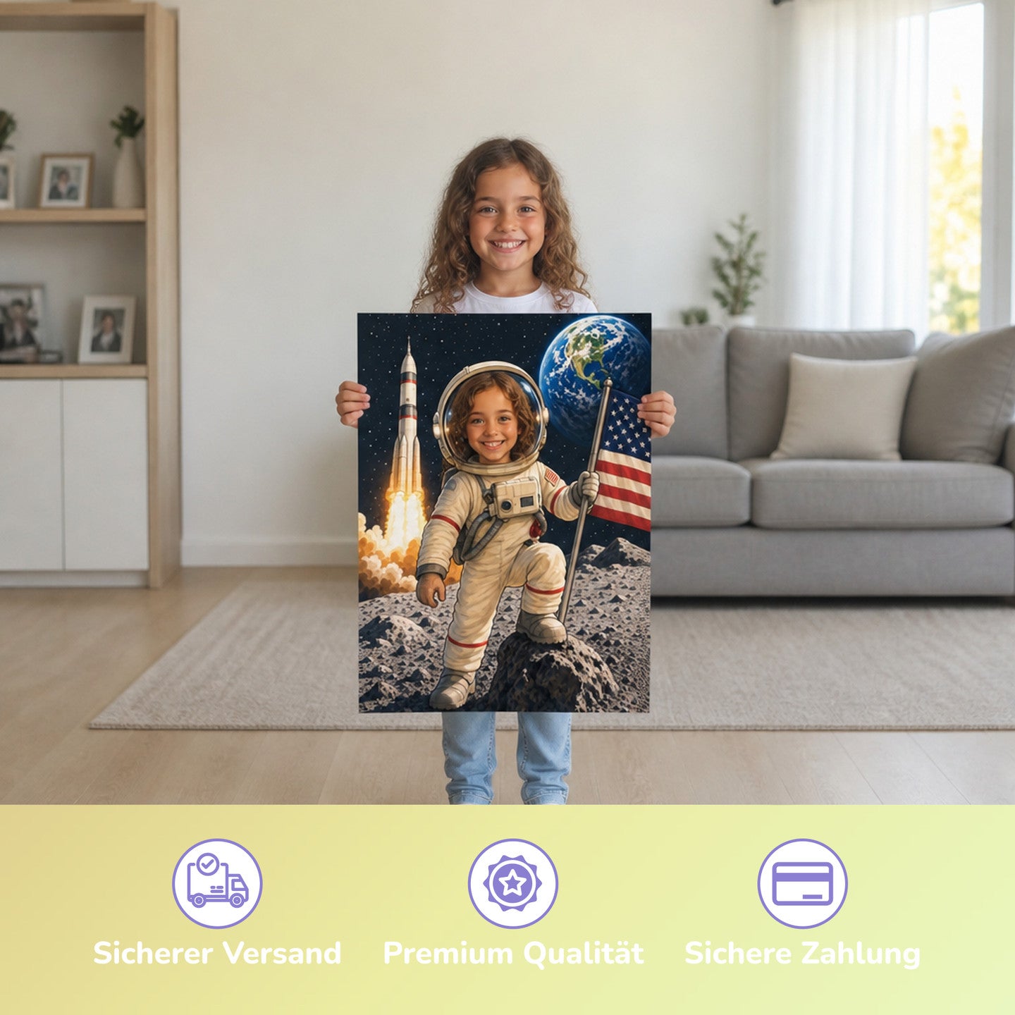 Astronaut auf dem Mond | Special-Edition "Cartoon" – Mädchen hält das gedruckte Poster