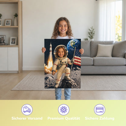 Astronaut auf dem Mond | Special-Edition "Cartoon" – Mädchen hält das gedruckte Poster