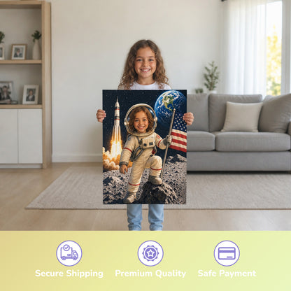 Astronaut auf dem Mond | Special-Edition "Cartoon" – Mädchen hält das gedruckte Poster