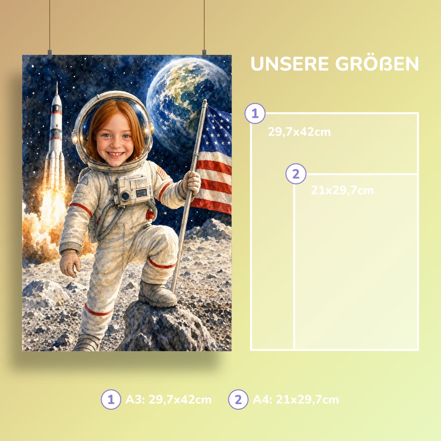 Astronaut auf dem Mond | Special-Edition "Aquarell" – Größen A3 und A4