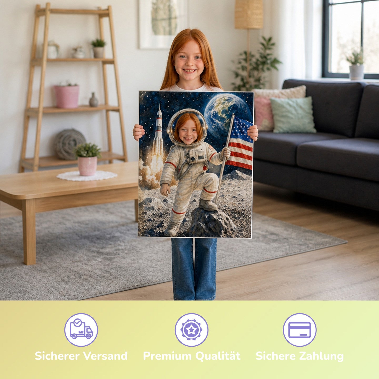 Astronaut auf dem Mond | Special-Edition "Aquarell" – Mädchen hält das gedruckte Poster