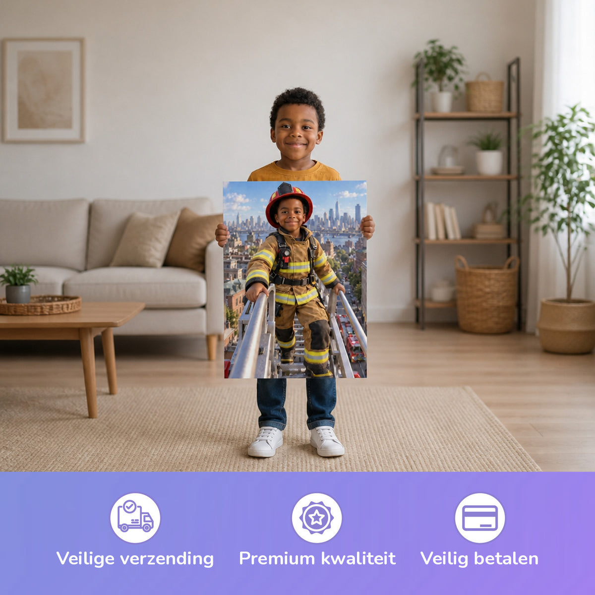 Auf dem Leiterwagen — Kind houdt de gedrukte poster vast