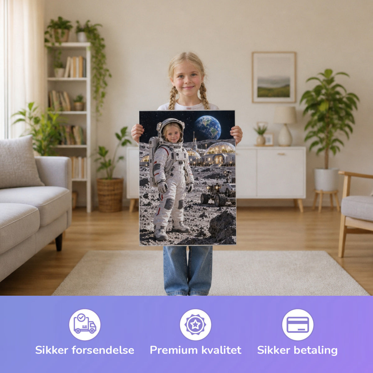 Auf der Mondbasis – Mädchen hält das gedruckte Poster