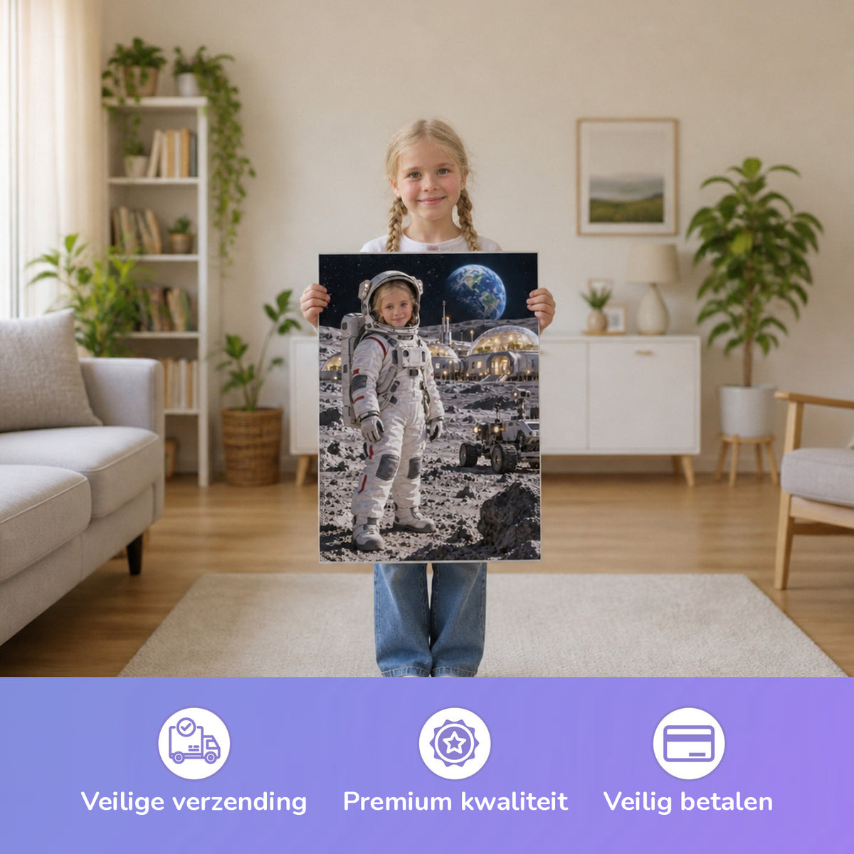 Auf der Mondbasis — Kind houdt de gedrukte poster vast