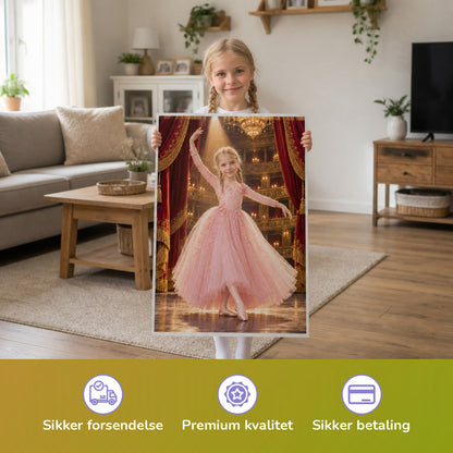Ballerina auf der großen Bühne – Mädchen hält das gedruckte Poster