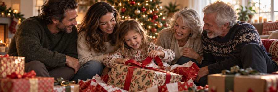 Die ganze Familie packt am Weihnachtsbaum Geschenke aus