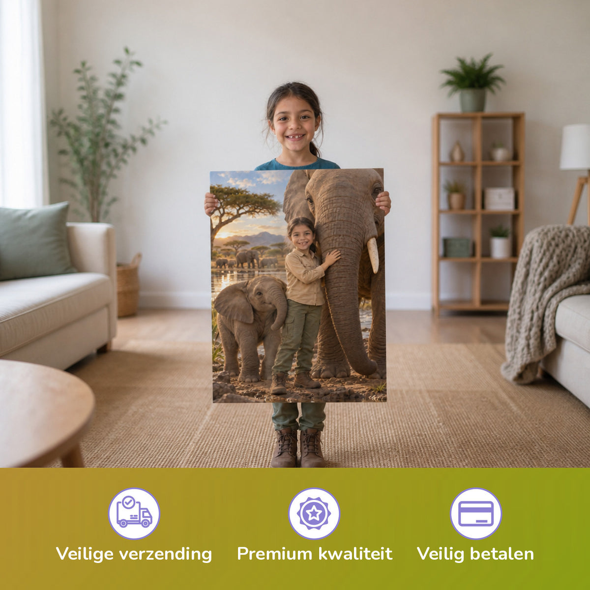 Bei den Elefanten — Kind houdt de gedrukte poster vast