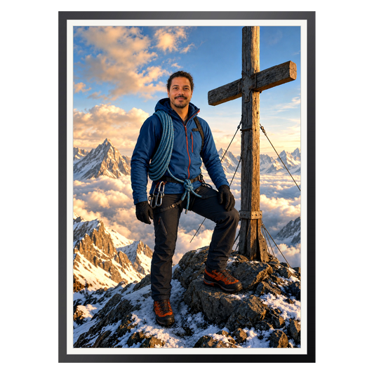 Bergführer am Gipfelkreuz – Poster im Rahmen