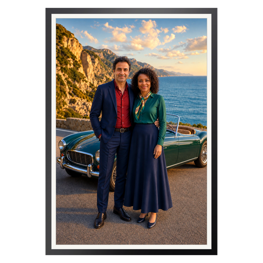 Cabrio an der Küste – Poster im Rahmen