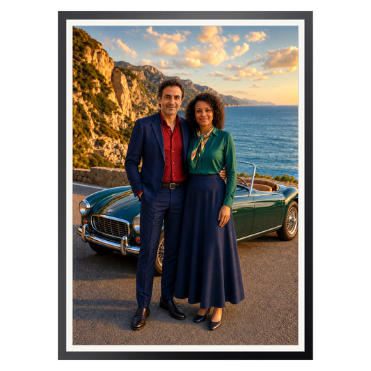 Cabrio an der Küste – Poster im Rahmen