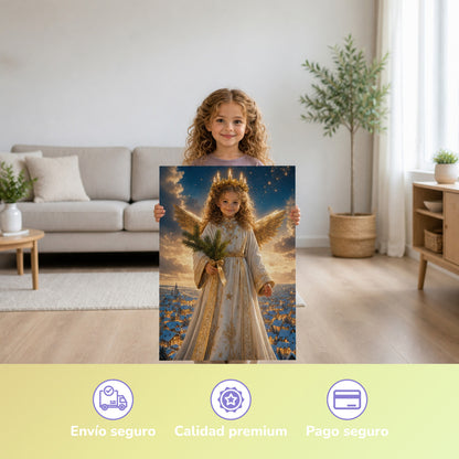 Das Christkind – Mädchen hält das gedruckte Poster