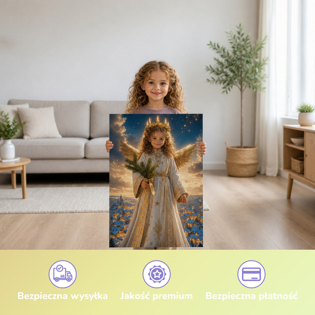 Das Christkind – Mädchen hält das gedruckte Poster