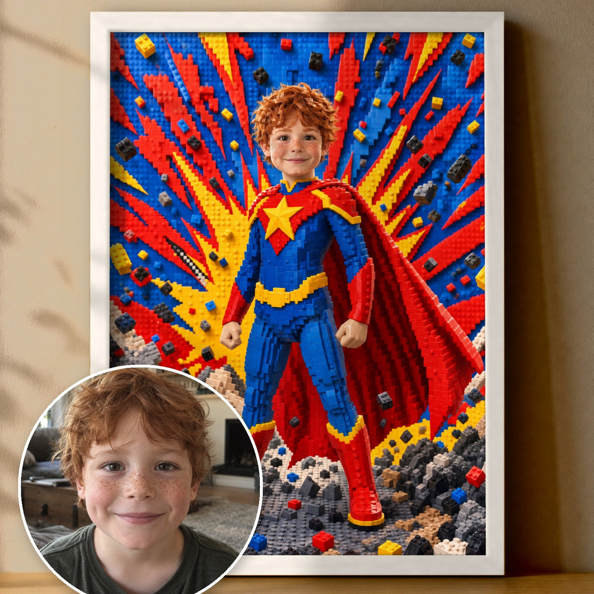 Comic-Superheld | Special-Edition "Baustein" – Poster im Rahmen