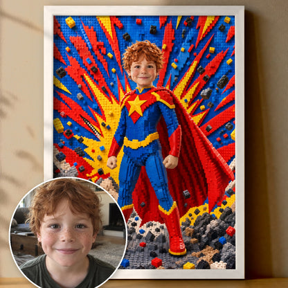 Comic-Superheld | Special-Edition "Baustein" – Poster im Rahmen