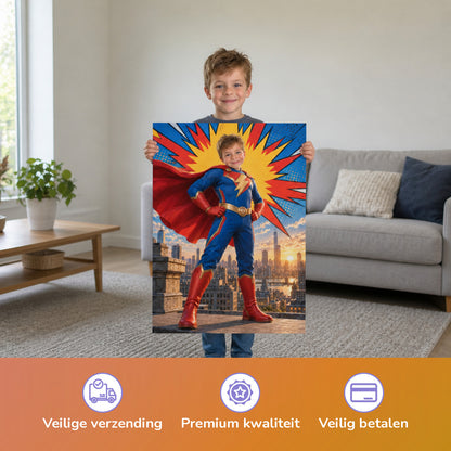 Comic-Superheld über den Dächern – Junge hält das gedruckte Poster