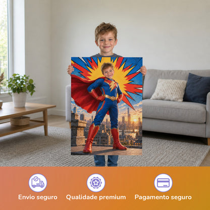 Comic-Superheld über den Dächern – Junge hält das gedruckte Poster