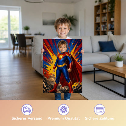 Comic-Superheld | Special-Edition "3D-Animation" – Junge hält das gedruckte Poster