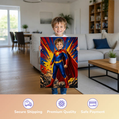 Comic-Superheld | Special-Edition "3D-Animation" – Junge hält das gedruckte Poster