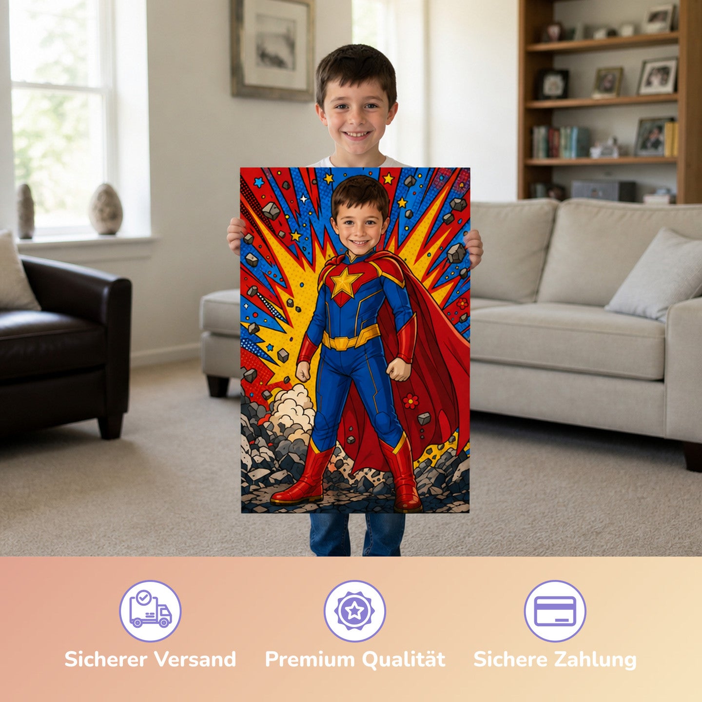 Comic-Superheld | Special-Edition "Cartoon" – Junge hält das gedruckte Poster