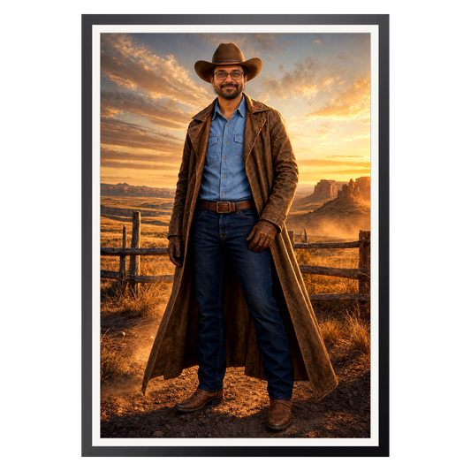 Cowboy im Abendlicht – Poster im Rahmen