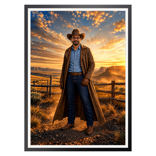 Cowboy im Abendlicht – Poster im Rahmen