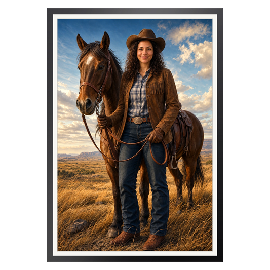 Cowgirl in der Weite – Poster im Rahmen