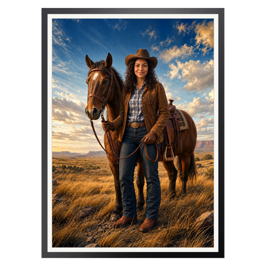 Cowgirl in der Weite – Poster im Rahmen